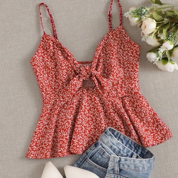 BellanBlue Tops - Boho Red Floral print front tie peplum crop blouse